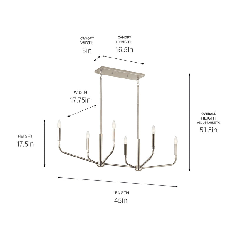 Kichler 52721NI Six Light Linear Chandelier, Brushed Nickel (6)