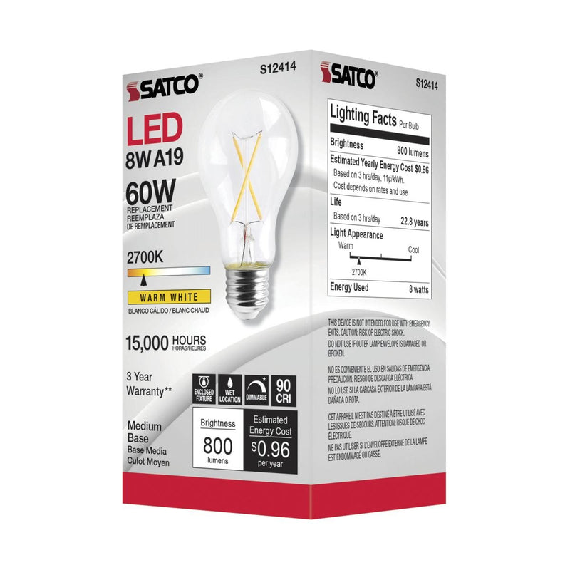 Satco S12414 E26 Base 8W A19 Clear LED Filament Light Bulb, 2700K Alternate Image 2.jpg